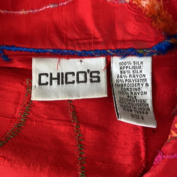 Chico’s red silk embroidery magnificent color’s beautiful shirt button down - Picture 7 of 8